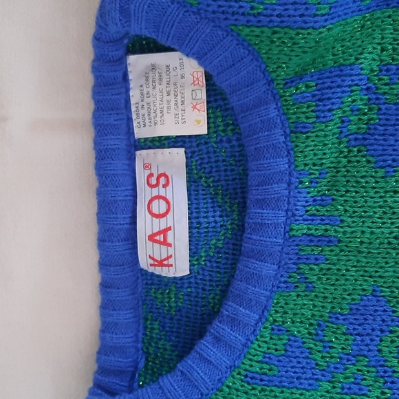 Vintage Kaos Blue and Green Aztec Shimmery Patterned Large Women's Sweater - Picture 2 of 6